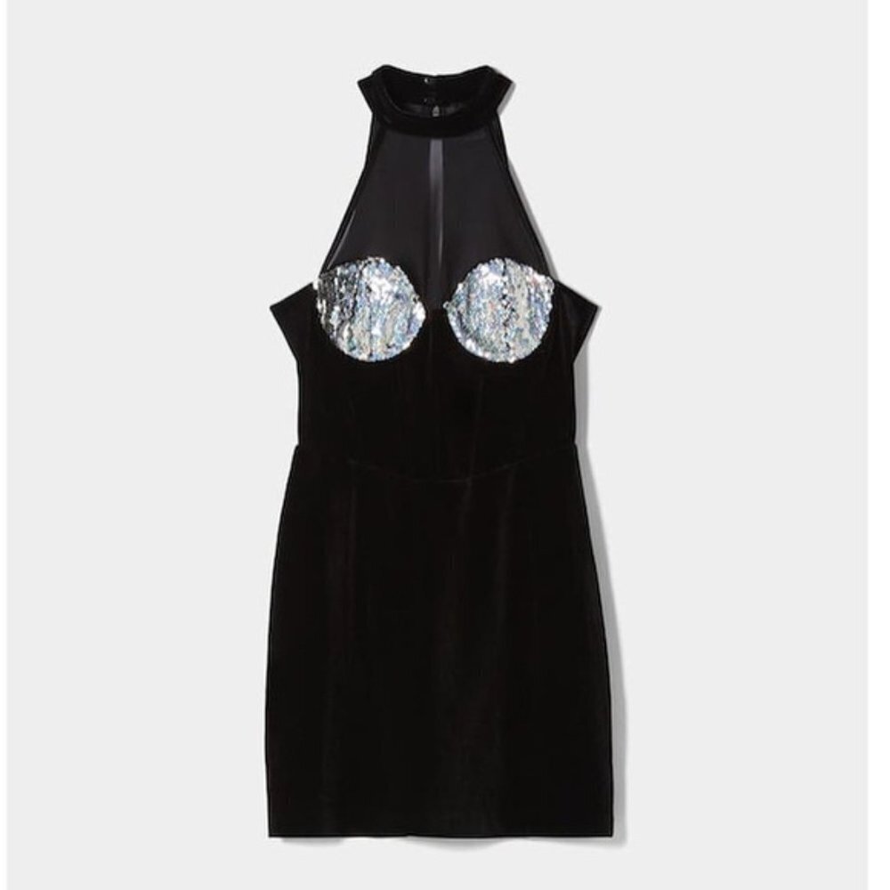 NWT BERSHKA Shimmering Sequins Velvet Mini Dress Sz XS - Picture 3 of 8